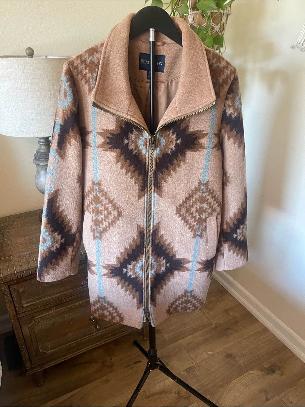 Pendleton Tan Wool Aztec-Pattern Zip Coat with Blue Accents - Picture 3 of 3
